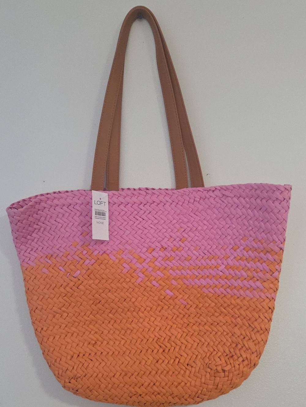 LOFT Pink & Orange Gradient Woven Tote with Tan Straps